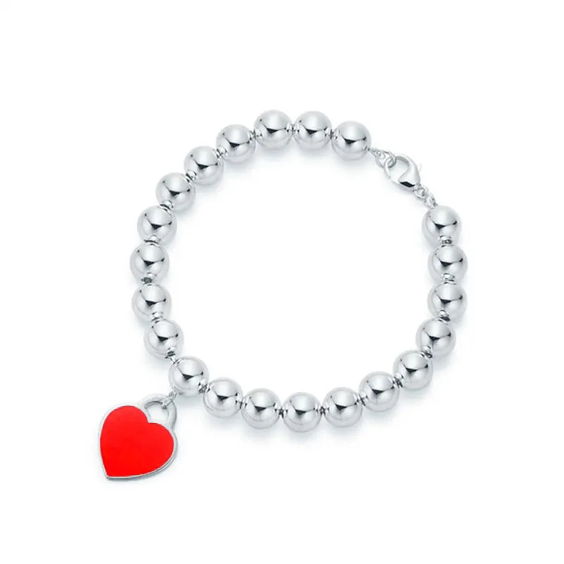 Sterling Silver Beaded Bracelet, Classic Fashion 8MM  Enamel Heart Pendant Bracelet