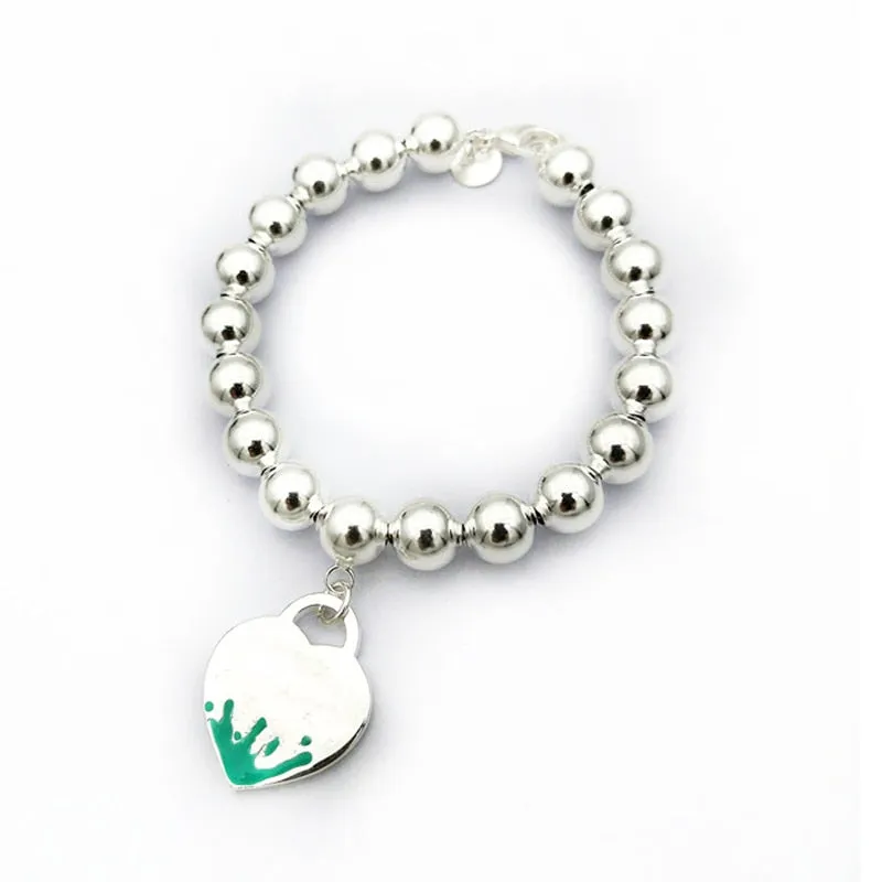 Sterling Silver Beaded Bracelet, Classic Fashion 8MM  Enamel Heart Pendant Bracelet