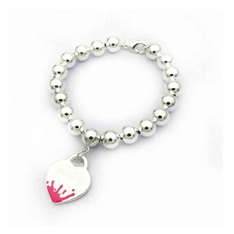 Sterling Silver Beaded Bracelet, Classic Fashion 8MM  Enamel Heart Pendant Bracelet