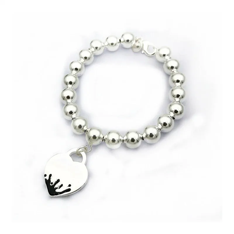 Sterling Silver Beaded Bracelet, Classic Fashion 8MM  Enamel Heart Pendant Bracelet