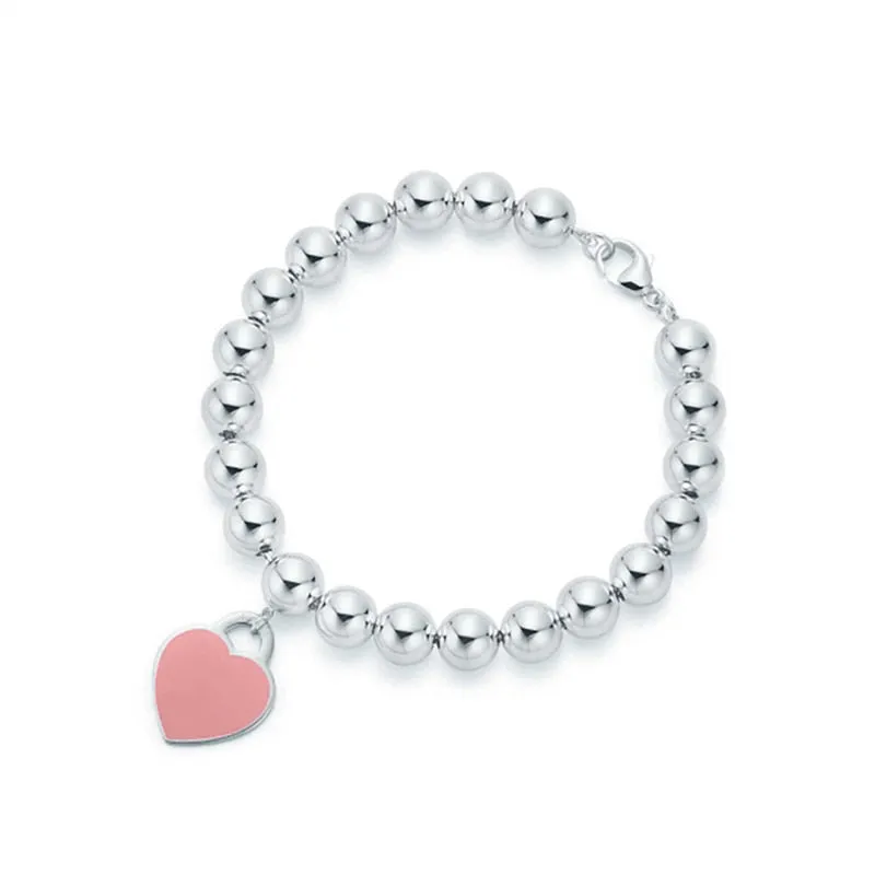 Sterling Silver Beaded Bracelet, Classic Fashion 8MM  Enamel Heart Pendant Bracelet