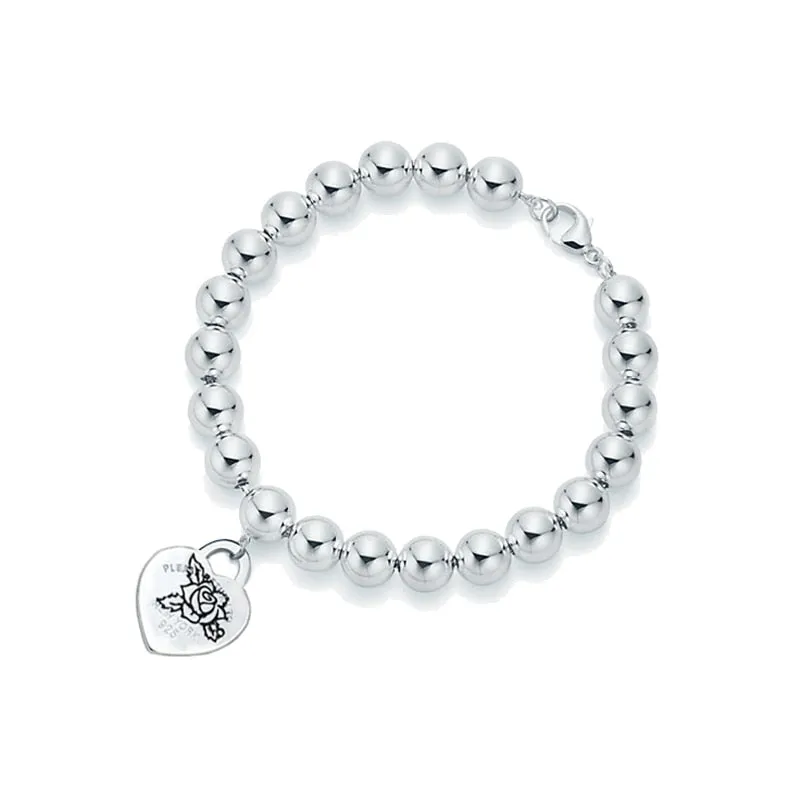 Sterling Silver Beaded Bracelet, Classic Fashion 8MM  Enamel Heart Pendant Bracelet