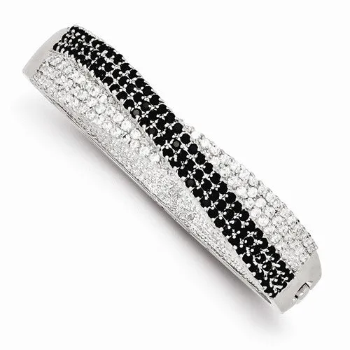 Sterling Silver Solid Black and Clear Cz Fancy Hinged Bangle Bracelet