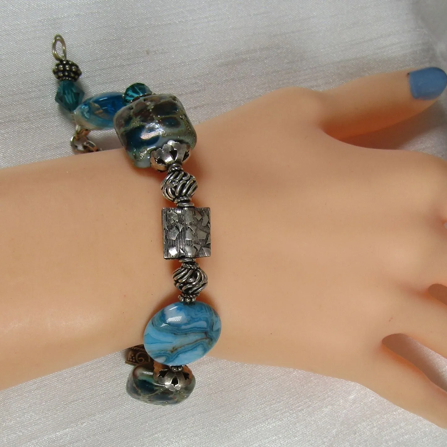 Turquoise Artisan Bead  and Larimar Blue Agate Bead  Bracelet