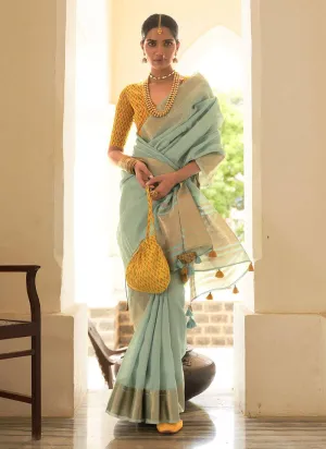 Turquoise Organza Saree With Contrast Blouse  - By Kreeva