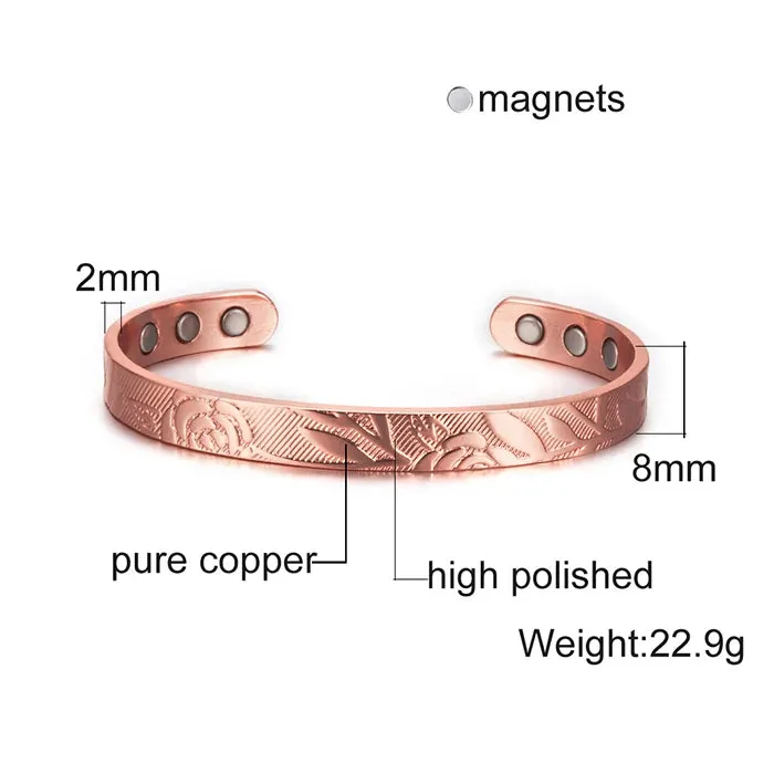 Vinterly Magnetic Bracelets Rose Copper Adjustable Cuff Bangles Women Men Energy Jewelry Resizable Pain Relief for Arthritis