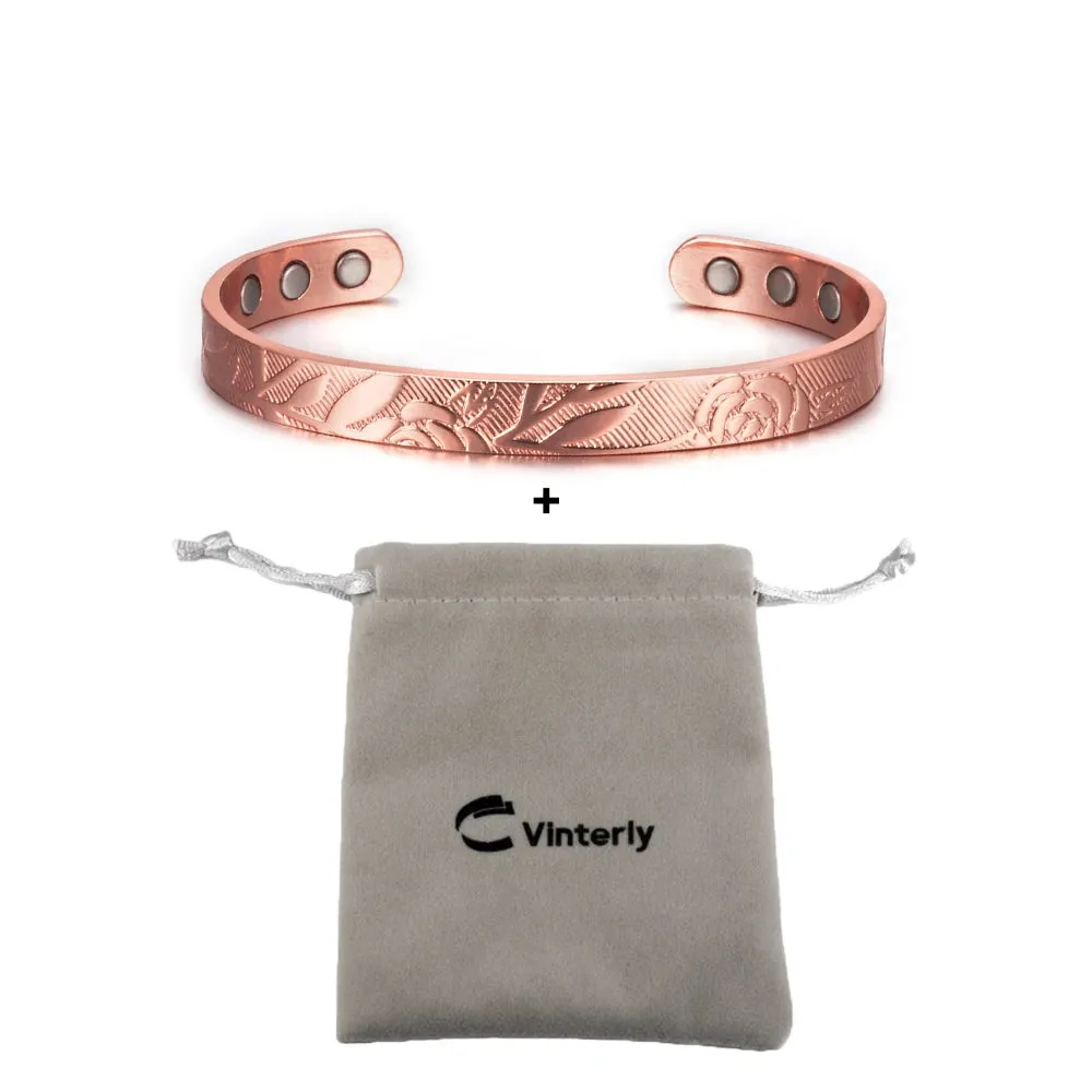 Vinterly Magnetic Bracelets Rose Copper Adjustable Cuff Bangles Women Men Energy Jewelry Resizable Pain Relief for Arthritis