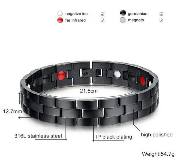 Vnox Black Men&#39;s Health Bracelets &amp; Bangles Magnetic H Power Stainless Steel Charm Bracelet Jewelry for Man