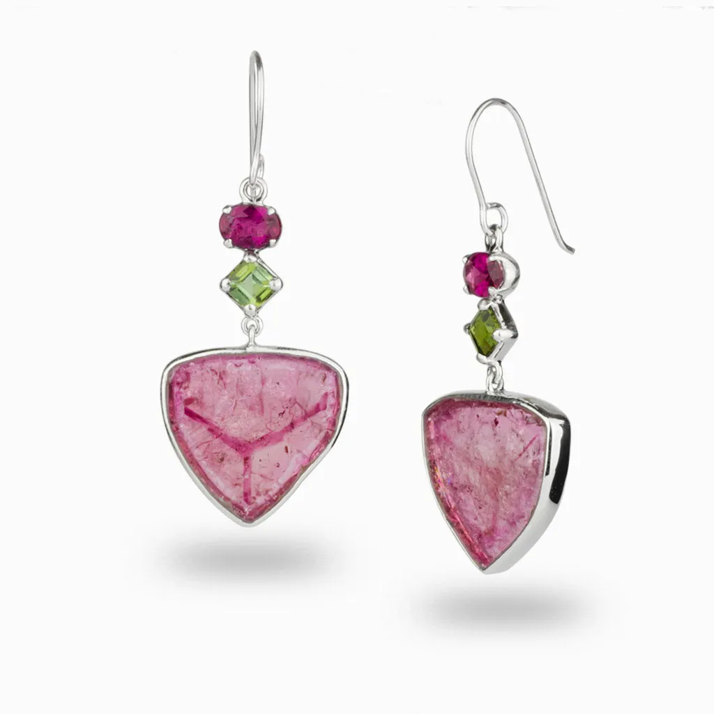 Watermelon Tourmaline, Peridot & Pink Tourmaline Drop Earrings