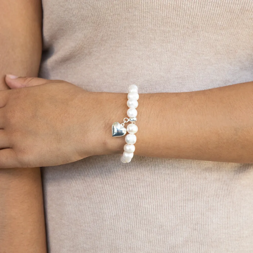 White 10mm Freshwater Pearl and Heart Charm Bracelet