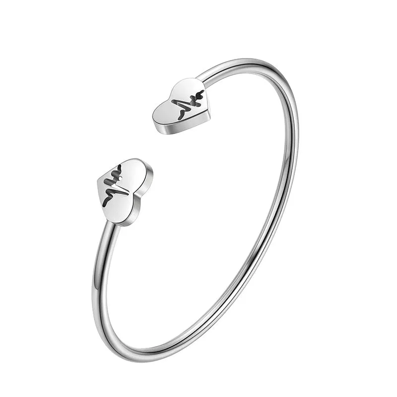 Women Heart Open Cuff Bangle Bracelet Jewelry Stainless Steel