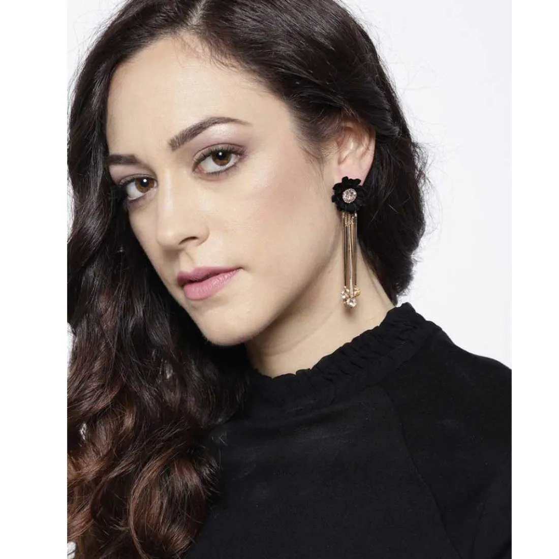 Yellow Chimes Danglers Earrings for Women Black Floral Earrings Gold Plated Long Danglers Earrings For Women and Girls.